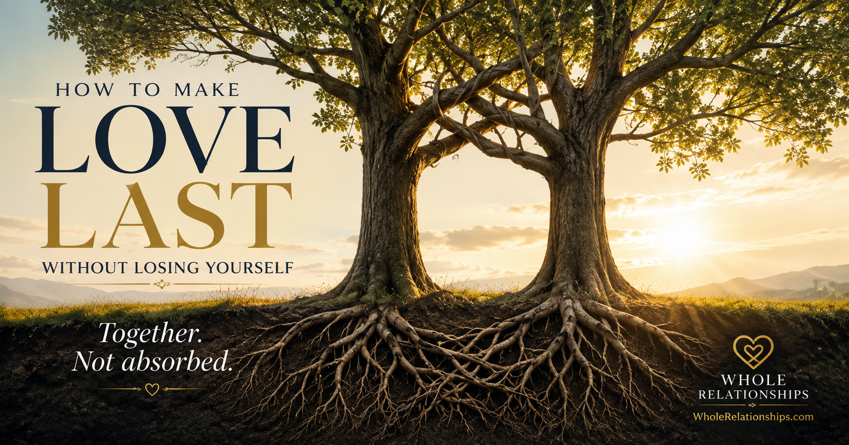 Two mature trees growing side by side with intertwined branches and visible roots, symbolizing lasting love, healthy boundaries, individuality, and growth within a committed relationship