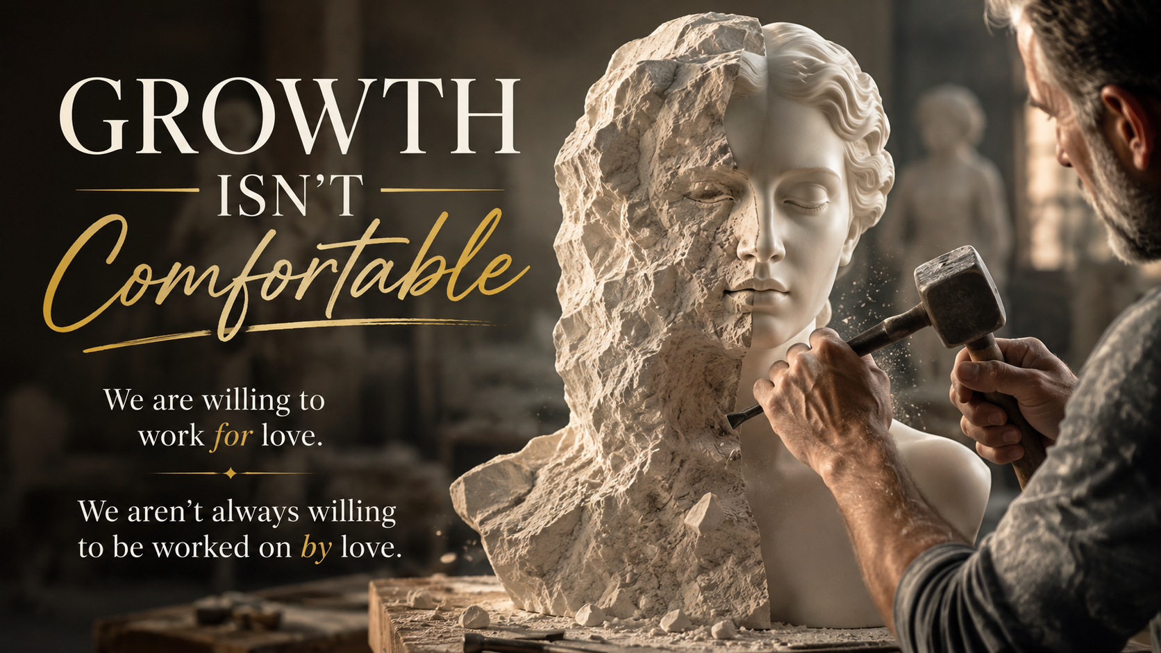 A sculptor chiseling a marble statue that is half rough stone and half beautifully finished, symbolizing personal growth, refinement, and transformation through challenge